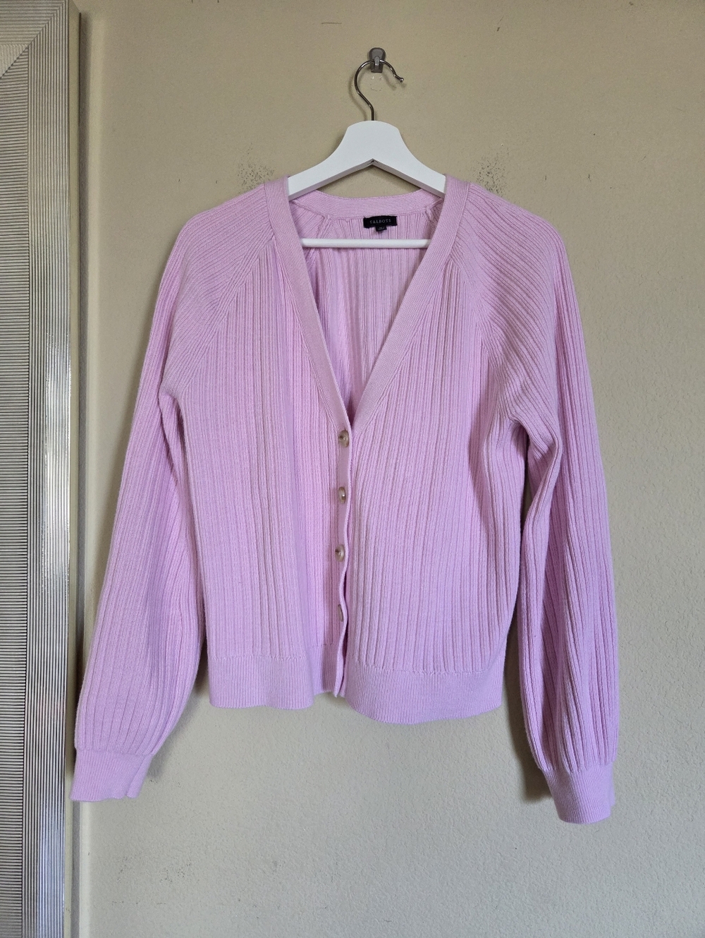 Talbots Soft Pink Ribbed V-Neck Button Cardigan